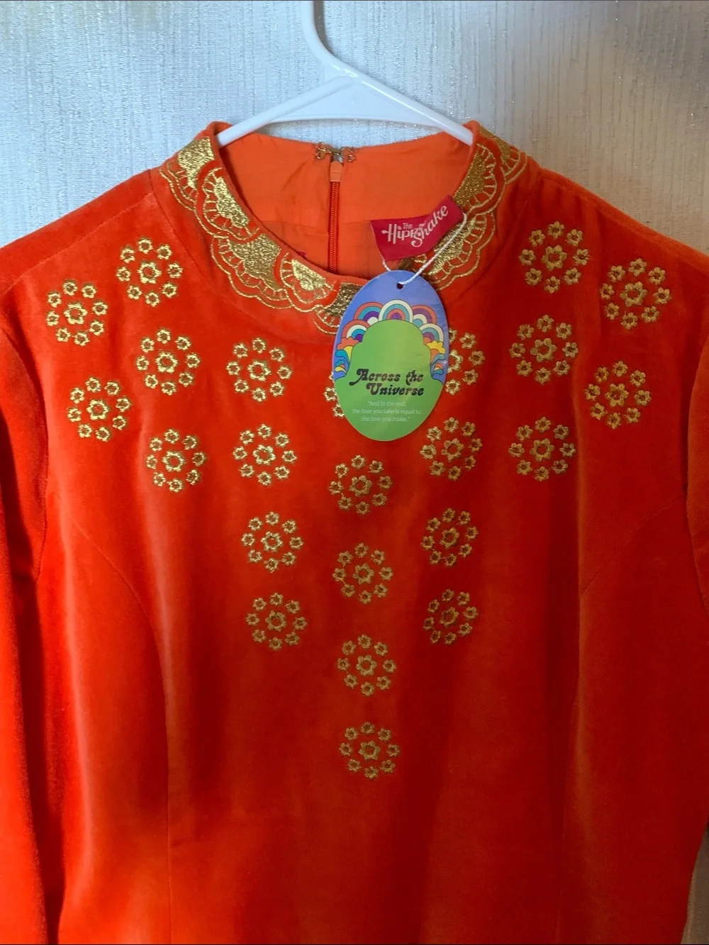 Hippie Shake- Vibrant Orange Velvet Tunic with Gold Embroidery - Picture 2 of 5